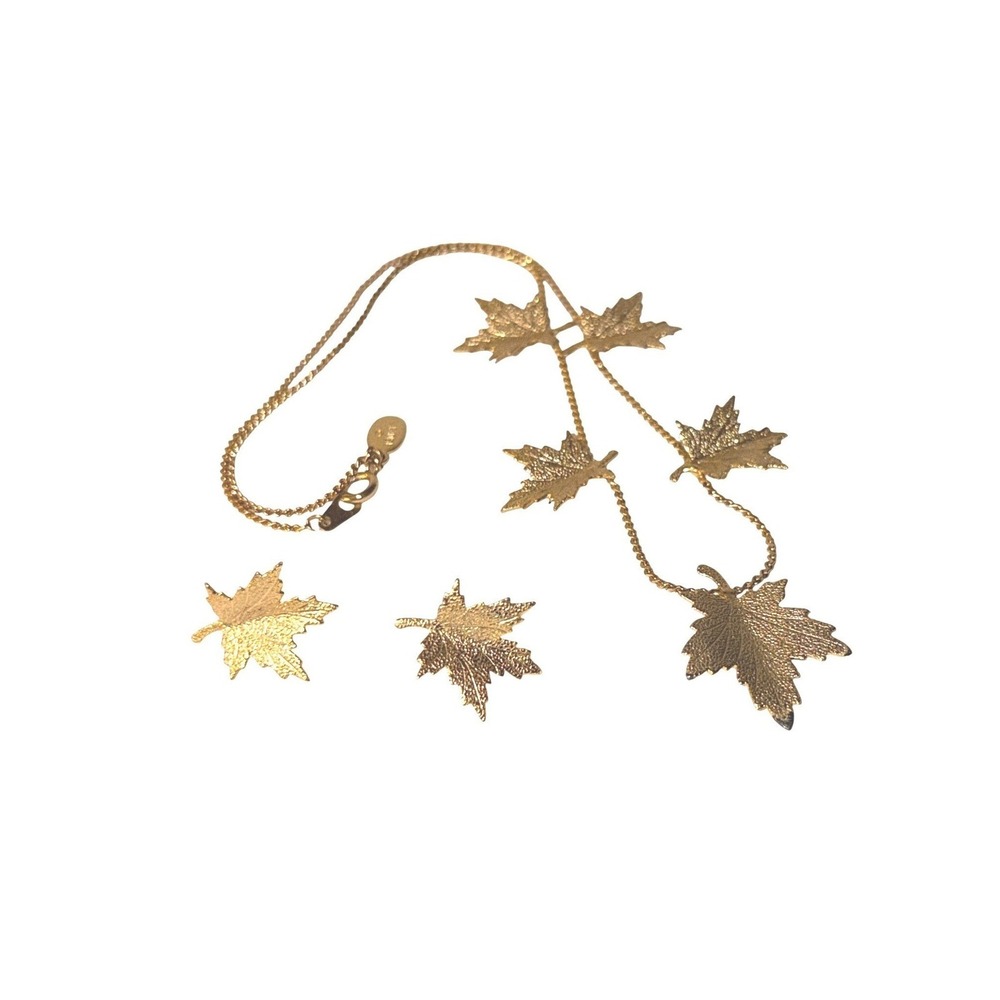 Paradise Jewelry Set Gold Tone‎ Textured Maple Leaf Necklace Earrings Nature Set